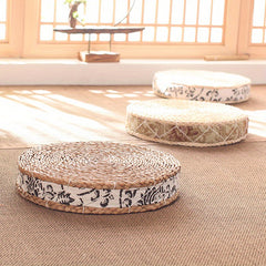1pc Natural Corn Husk Woven Floor Cushion - Handmade Round Tatami Meditation Pillow, Thick Braided Straw Seat Pad for Yoga, Floor Sitting, Living Room, Indoor & Outdoor Use (Rustic Style)