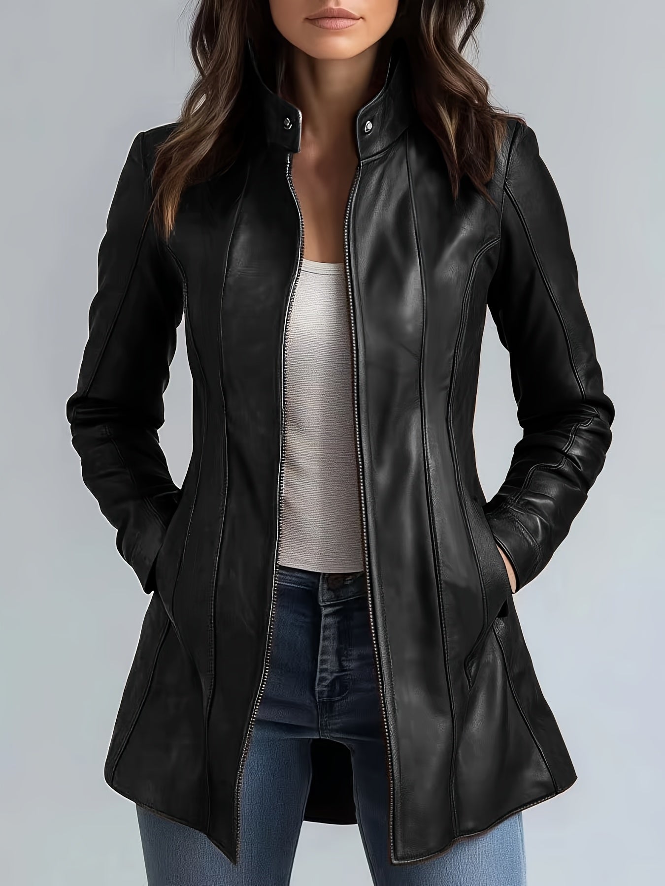 CHIDU Women's Leather Jacket, PU Slim-fit Retro Motorcycle Women's Jacket, Windproof Women's Jacket, Suitable for Spring, Autumn And Winter Jackets, Pockets, Zipper, Turtleneck, Global ALL, Mid-length Casual Women's Jacket