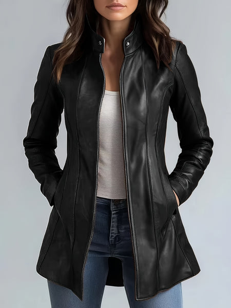 CHIDU Women's Leather Jacket, PU Slim-fit Retro Motorcycle Women's Jacket, Windproof Women's Jacket, Suitable for Spring, Autumn And Winter Jackets, Pockets, Zipper, Turtleneck, Global ALL, Mid-length Casual Women's Jacket