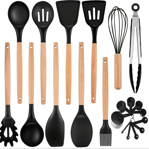 12pcs/22pcs/30pcs/37pcs, Kitchen Utensils Set, Kitchen Cooking Utensils Set, Spoon, Spatula, 446F Heat Resistant Non Stick Food Grade Silicone And Wooden Handles, Measuring Cups And Spoons, S Hooks