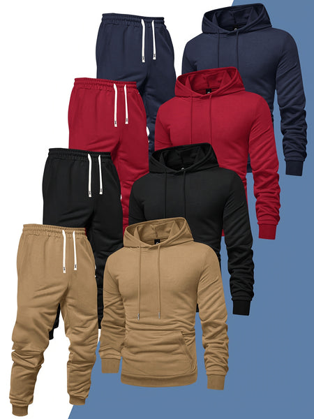 8pcs Men'S Hooded Sweatshirt + Sweatpants Autumn And Spring Casual Sports Suit Solid Color Plain Pullover Regular Long Sleeve Hoodie And Drawstring Elastic Waist Ribbed Ankle Pants