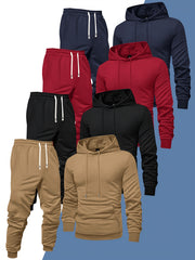 8pcs Men'S Hooded Sweatshirt + Sweatpants Autumn And Spring Casual Sports Suit Solid Color Plain Pullover Regular Long Sleeve Hoodie And Drawstring Elastic Waist Ribbed Ankle Pants