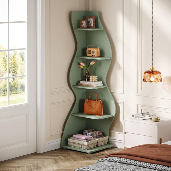 Wavy Office BookShelf, Modern 5-Tier Bookshelf Bookcase with Curvy Shape, Unique Plant Stand Display Rack for Living Room Small Space (Green)