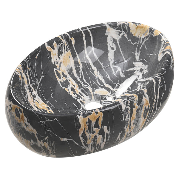 1pc Countertop Bathroom Sink, Black Marble Texture Oval Ceramic Wash Basin, Porcelain Ceramic Vessel Vanity Sink for Vanity Cabinet Cloakroom, Laundry Room, Bathroom, Washroom, 48x34x14cm