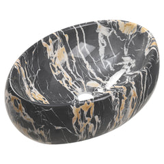 1pc Countertop Bathroom Sink, Black Marble Texture Oval Ceramic Wash Basin, Porcelain Ceramic Vessel Vanity Sink for Vanity Cabinet Cloakroom, Laundry Room, Bathroom, Washroom, 48x34x14cm