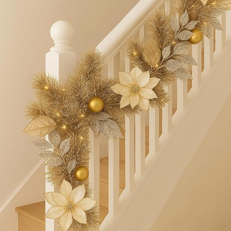 Marco Paul 9ft Luxury Gold Glitter Pre Lit Christmas Garland with Cool & Warm White LED Lights - Battery Powered Winter Garland with 8 Light Modes - Indoor Christmas Decorations for Fireplace & Stairs