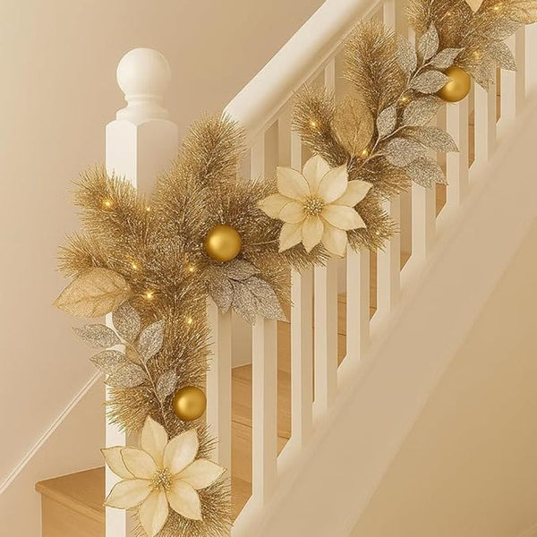 Marco Paul 9ft Luxury Gold Glitter Pre Lit Christmas Garland with Cool & Warm White LED Lights - Battery Powered Winter Garland with 8 Light Modes - Indoor Christmas Decorations for Fireplace & Stairs