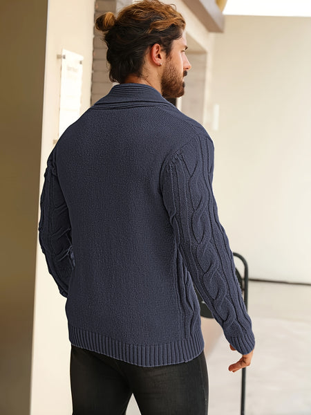 Men'S Solid Cable Knit Cardigan Fall Winter Button-Up Knit Coat