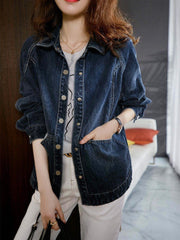 Women's Oversized Denim Jacket - 2025 New Style Collar & Chest Pocket, Youthful Age-Defying Fit, Casual to Dressy Coat for Jeans Blazer (Machine Washable, Spring/Fall Outerwear) - Versatile College to Workwear