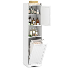 GYMAX 170 CM Bathroom Cabinet, Tall & Slim Linen Tower with Storage, Adjustable Shelf, Laundry Bag with Long & Short Handles, Open Shelf, Freestanding Laundry Cabinet, White