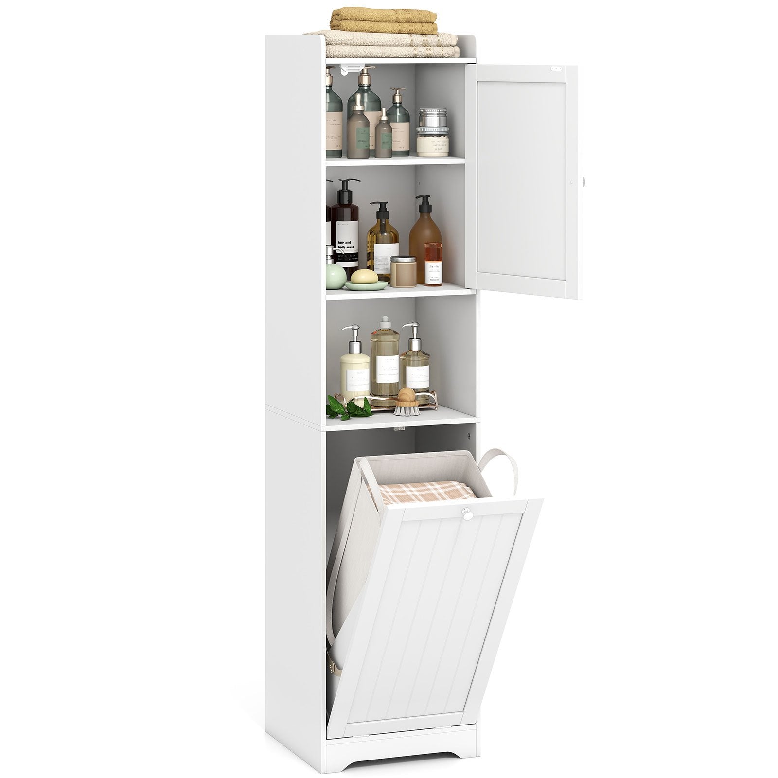 GYMAX 170 CM Bathroom Cabinet, Tall & Slim Linen Tower with Storage, Adjustable Shelf, Laundry Bag with Long & Short Handles, Open Shelf, Freestanding Laundry Cabinet, White