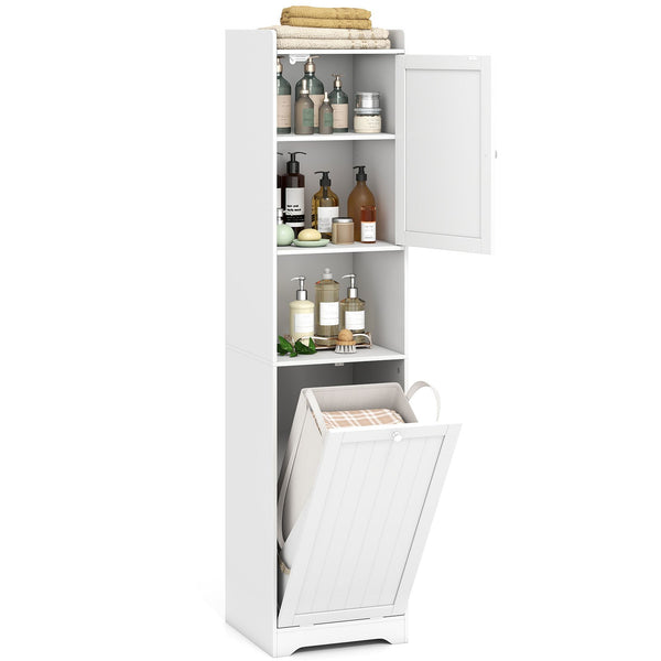 GYMAX 170 CM Bathroom Cabinet, Tall & Slim Linen Tower with Storage, Adjustable Shelf, Laundry Bag with Long & Short Handles, Open Shelf, Freestanding Laundry Cabinet, White