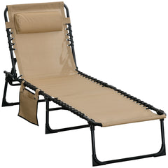 Portable Sun Lounger, Folding Camping Bed with Side Pocket and Pillow for Patio