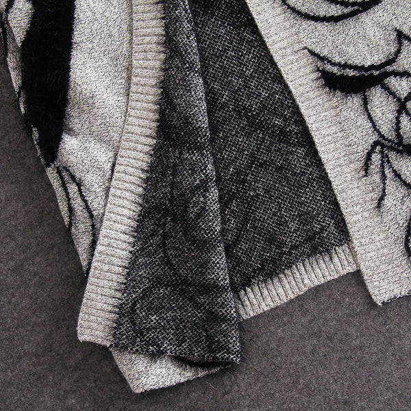 Women'S Abstract Batwing Sleeve Cardigan Sweater - High Neck & Contrast with Greyish- Tones, Mid-Length Casual Winter Fall Jacket, Cozy Character Pattern Design for Layering, Semi-Formal & Casual Attire, Cardigan Sweaters for Women