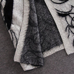 Women'S Abstract Batwing Sleeve Cardigan Sweater - High Neck & Contrast with Greyish- Tones, Mid-Length Casual Winter Fall Jacket, Cozy Character Pattern Design for Layering, Semi-Formal & Casual Attire, Cardigan Sweaters for Women