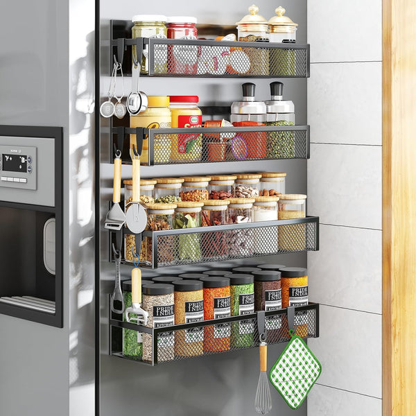 Aufworld Magnetic Spice Rack for Refrigerator, 2 Pack Magnetic Shelf, Fridge Magnet Organizer with Moveable 4 Hooks, Magnet Fridge Shelf for Kitchen Organization and Storage (2 Pack)