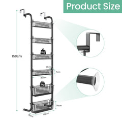 6-Tier Over Door Storage Rack - Heavy Duty Metal Hanging Organizer with Adjustable Shelves 40x150cm for Kitchen Pantry Bathroom - Black