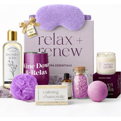 Gift Set with Wine Tumbler, Candle, Silk Sleep Mask, Bath Salts in Glass, Bath Bomb, Essential Oil, Bubble Bath Soap, Loofa and Soap Bar - Eye Catching and Unique Spa Bath Gift Set