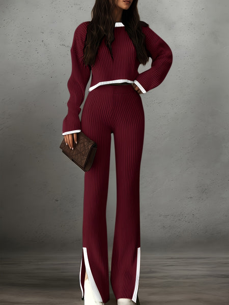 Women'S Short Color-Blocked Long-Sleeve Top with Solid Color Pants, a Casual And Stylish Outfit for Christmas