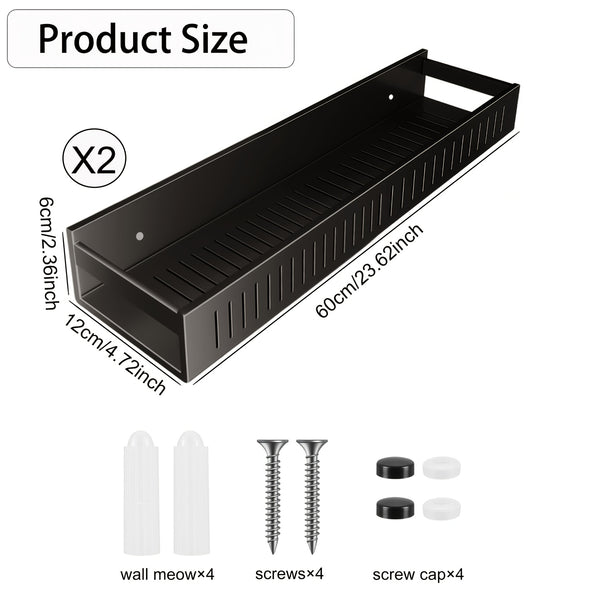 2pcs Large Capacity No-Drill/Screw Shower Shelf - Heavy-Duty SUS304 Stainless Wall-Mounted Bathroom Shelf with Hanging Rail System, Install Bath Storage Rack Suitable for Bathroom, Kitchen, Pantry (Black/Gray)