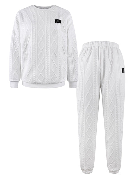 Drop-shoulder Round-neck Long-sleeve Sweatshirt with Patchwork, Y Long Pants Casual Set