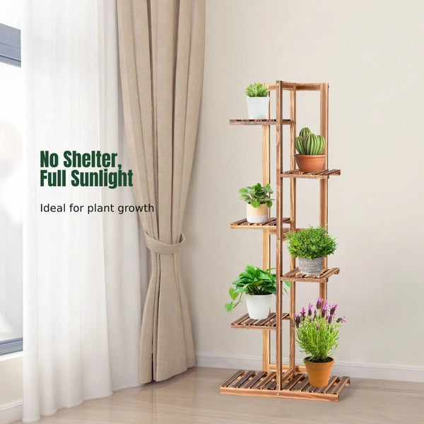 6-Tier Wood Plant Stand with Anti-Tilting Device and Multifunctional Display Shelf