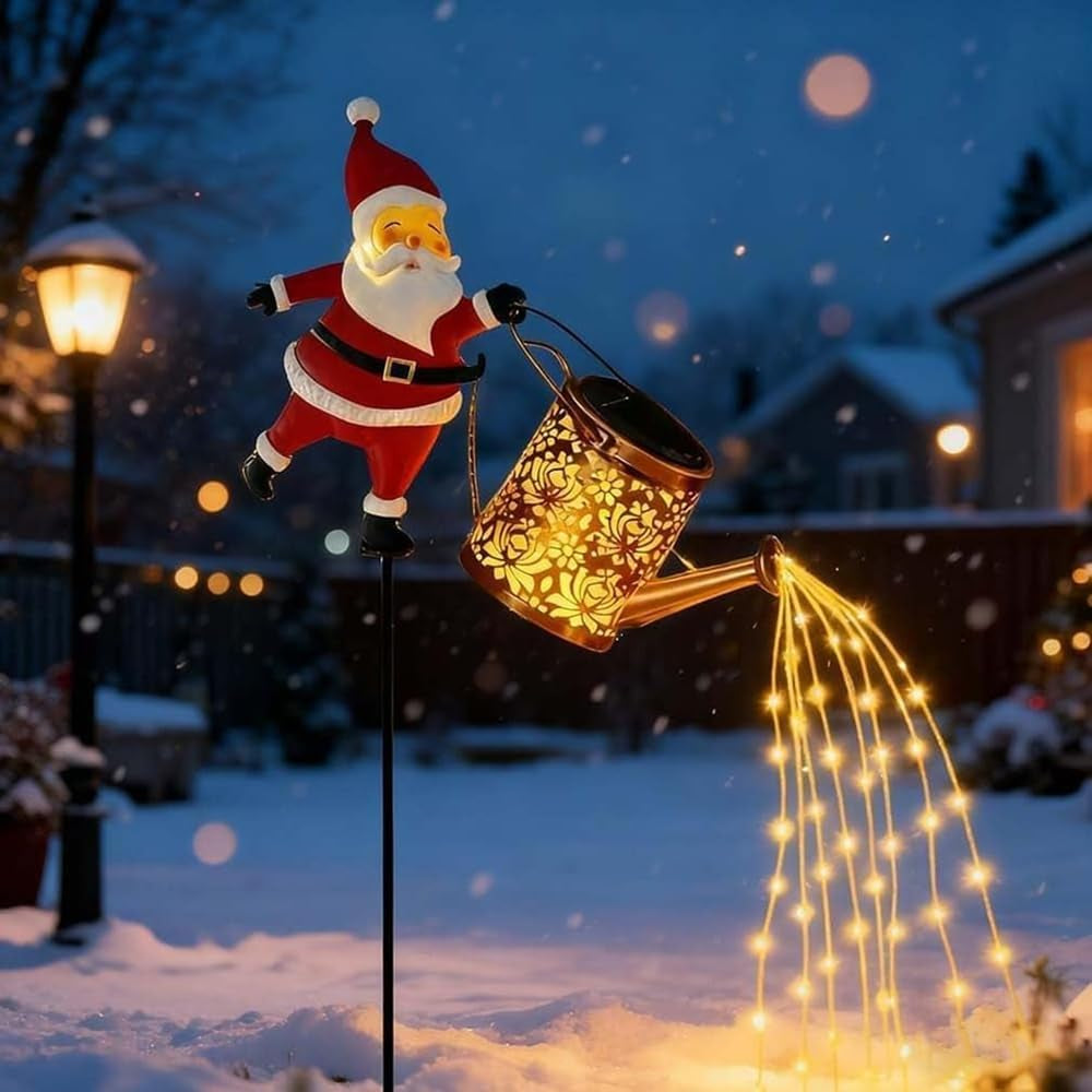 Christmas Santa Solar Kettle Lights, Garden Lawn Decorative Light, Solar Watering Can Garden Lawn Decor with Flowing LED Water, for Outdoor Patio Path Walkway Decoration, Unique Xmas Gifts (A-)