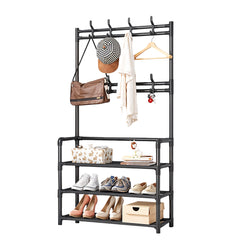 Coat and Hat Stand 8 Hooks Metal Shoe Rack 3 Tiers Shelf Hanger, Multifunctional Hallway Organizer Clothes Umbrella Bag Hanger, Easy Assembly, Black Versatile Clothes Drying Rack For Living Room Balcony