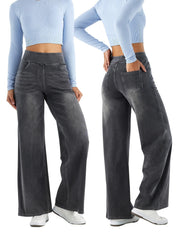 Women'S High-Waist Stretch Denim Wide-Leg Pants with Multiple Pockets, Distressed Vintage Casual Denim Long Pants