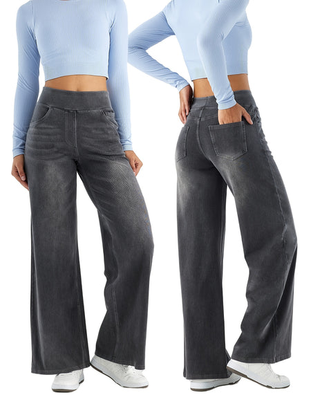 Women'S High-Waist Stretch Denim Wide-Leg Pants with Multiple Pockets, Distressed Vintage Casual Denim Long Pants