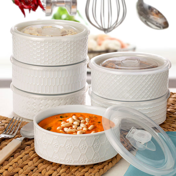 Signature Housewares Stoneware Bowls with Lids, 6 Pack in White