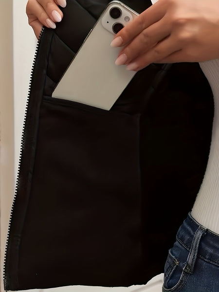 Women's Lightweight Outdoor Puffer Vest, Multi-Pocket Design, Elastic Waist Wrapping for Snug Warmth, Unique Zipper, Stand Collar, Polyester Filled