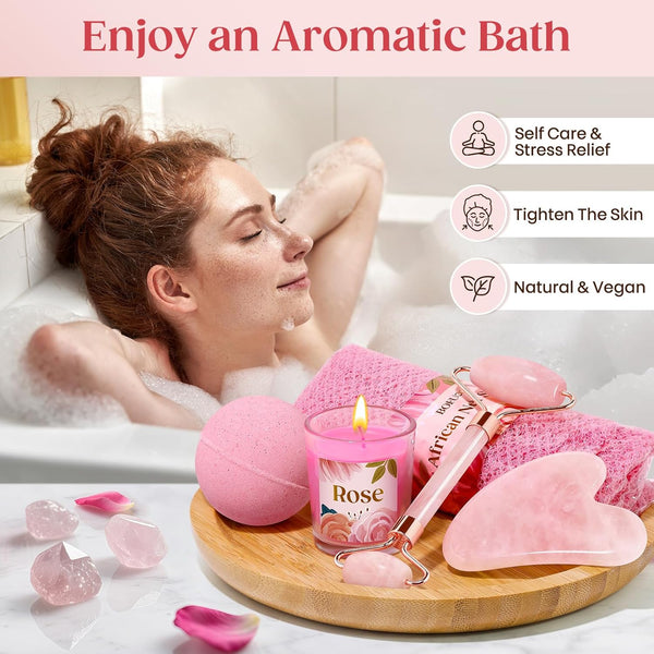 Bofuoos Spa Gifts for Women with Bath Bombs, Gua Sha Facial Tools, Face Roller, Candle, African Net Sponge, Luxurious Self Care Birthday Gifts for Her, Christmas Stocking Fillers 2025