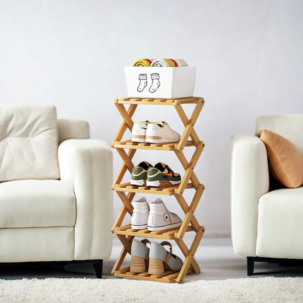 4/5/6/7 Tiers Bamboo Wooden Shoe Rack, Vertical Shoe Racks Storage Shelves Tall Shoe Tower, Collapsible Narrow Shoe Stand, Installation Free Folding X-Shape Shoe Racks Sneakers Slippers Holder Organizer, Multi Functional Shoe Rack Durable Footwear Cabinet