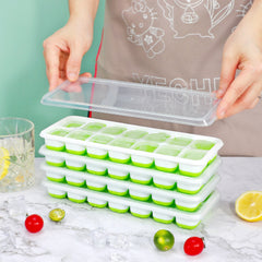 Vinsani 4 Pack Ice Cube Trays with Clear Removable Lid Easy-Release Silicone Flexible Ice Cube Moulds LFGB Certified and BPA Free Stackable Durable - Green