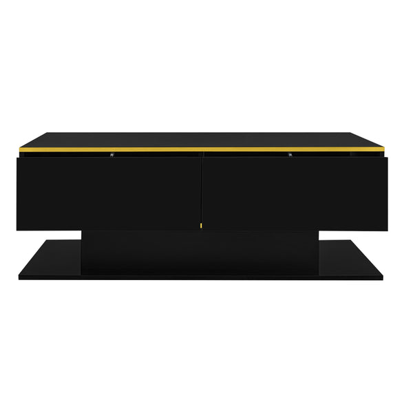Modern LED coffee table, 100cm high gloss white coffee table, with 3 drawers and RGB light strips, adjustable color/brightness, gold edge, PB board material, suitable for living room, bedroom, lounge, studio - with a load-bearing capacity of 50kg and spac