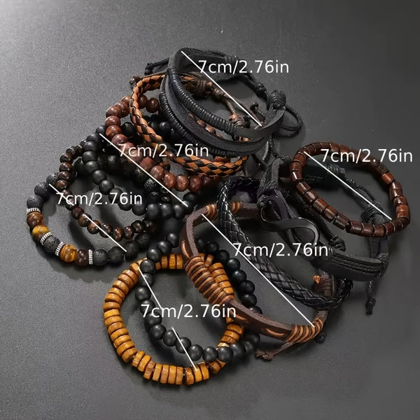 12pcs Men'S Bohemian Vintage Bracelet Set| Faux Leather Woven with Tiger Eye& Moonstone Beads| Multi-Layer Stackable Design| Casual& Party Jewelry| Trendy Boho Chic Accessories, Casual Attire, Gift for Men, Bohemian Style, Handcrafted Bracelets