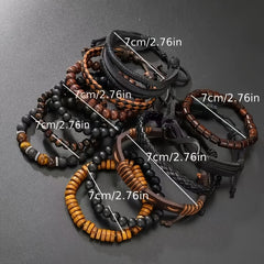 12pcs Men'S Bohemian Vintage Bracelet Set| Faux Leather Woven with Tiger Eye& Moonstone Beads| Multi-Layer Stackable Design| Casual& Party Jewelry| Trendy Boho Chic Accessories, Casual Attire, Gift for Men, Bohemian Style, Handcrafted Bracelets