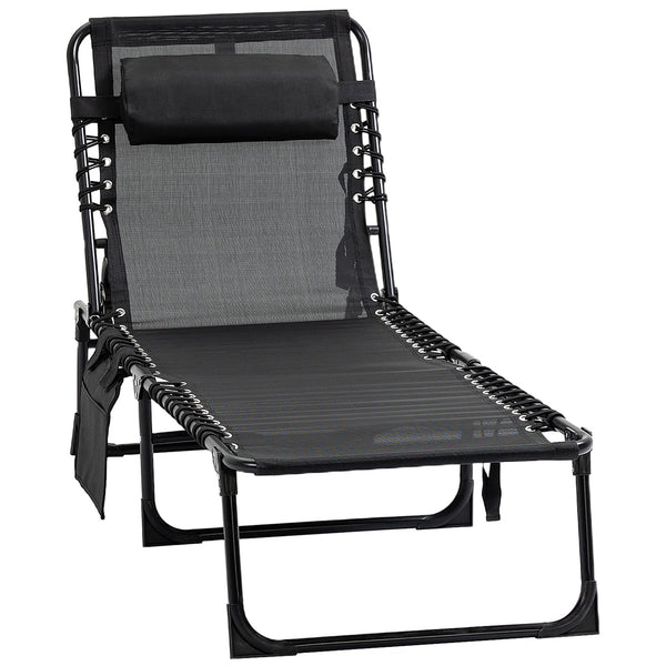 Portable Sun Lounger, Folding Camping Bed with Side Pocket and Pillow for Patio