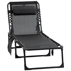 Portable Sun Lounger, Folding Camping Bed with Side Pocket and Pillow for Patio