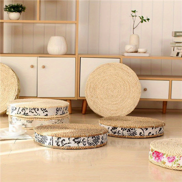 1pc Natural Corn Husk Woven Floor Cushion - Handmade Round Tatami Meditation Pillow, Thick Braided Straw Seat Pad for Yoga, Floor Sitting, Living Room, Indoor & Outdoor Use (Rustic Style)