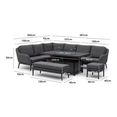 Harbour Lifestyle Luna Corner Patio Set with Rising Firepit Table (Right Hand) + Cover
