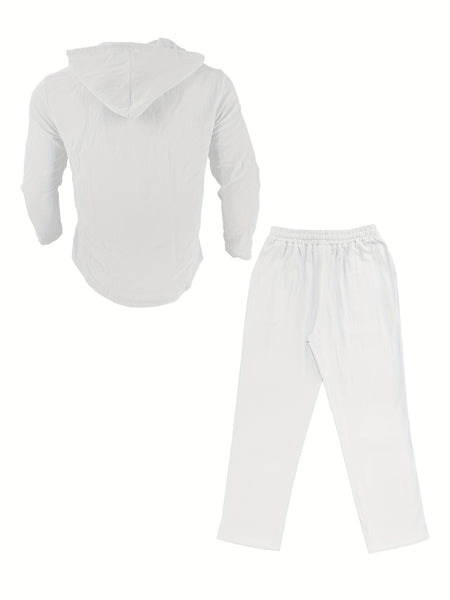 Men's Fashion Lightweight Linen Long Sleeve Hoodie + Pants Set, Solid Color, Versatile Moisture-Wicking Quick- Non-Stretch Fabric, Regular Fit with Drawstring Details, Ideal for Beach, Outdoor Leisure, Vacation, Parties, Straight-Leg Design, Machine