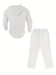 Men's Fashion Lightweight Linen Long Sleeve Hoodie + Pants Set, Solid Color, Versatile Moisture-Wicking Quick- Non-Stretch Fabric, Regular Fit with Drawstring Details, Ideal for Beach, Outdoor Leisure, Vacation, Parties, Straight-Leg Design, Machine
