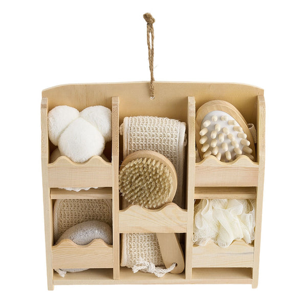 Women Bath Brush Box Set 7pcs with Foot Scrub Stone Massager Bath-Sponges Body Brush Lightweight Shower Accessories for Women Home Spa Travel 30x30x6cm