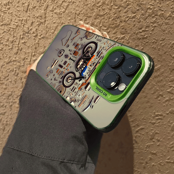 Phone Case - A Colorful Silver Phone Case Featuring a Retro Motorcycle Parts Disassembled Art Design, Compatible with Various for Iphone Including for Iphone 17 Pro Max, 16, 15, 14, 13, 12, And 11 Series, Designed to Be Stylish And Anti-Fall