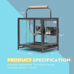 VIVOHOME 48 Cm Wrought Iron Bird Travel Carrier Cage with Handle Bird Transport Cage with Wooden Perch Portable Parrot Cage with Pullable Tray for Parrots Conures Lovebird Cockatiel Parakeets