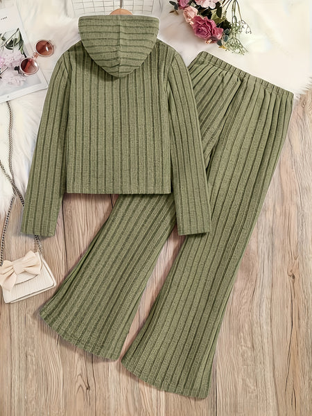 A Set of Women's Ribbed Letter Applique Hoodie and Flared Pants