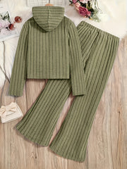 A Set of Women's Ribbed Letter Applique Hoodie and Flared Pants