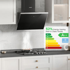 Midea COMFEE' 60cm Angled Extractor Hood – Class A++ Tempered Glass Cooker Hood with Touch Screen, LED, Recirculating & Ducting System, Wall-Mounted Black Kitchen Fan, Essential for Fresh Home Cooking Spaces